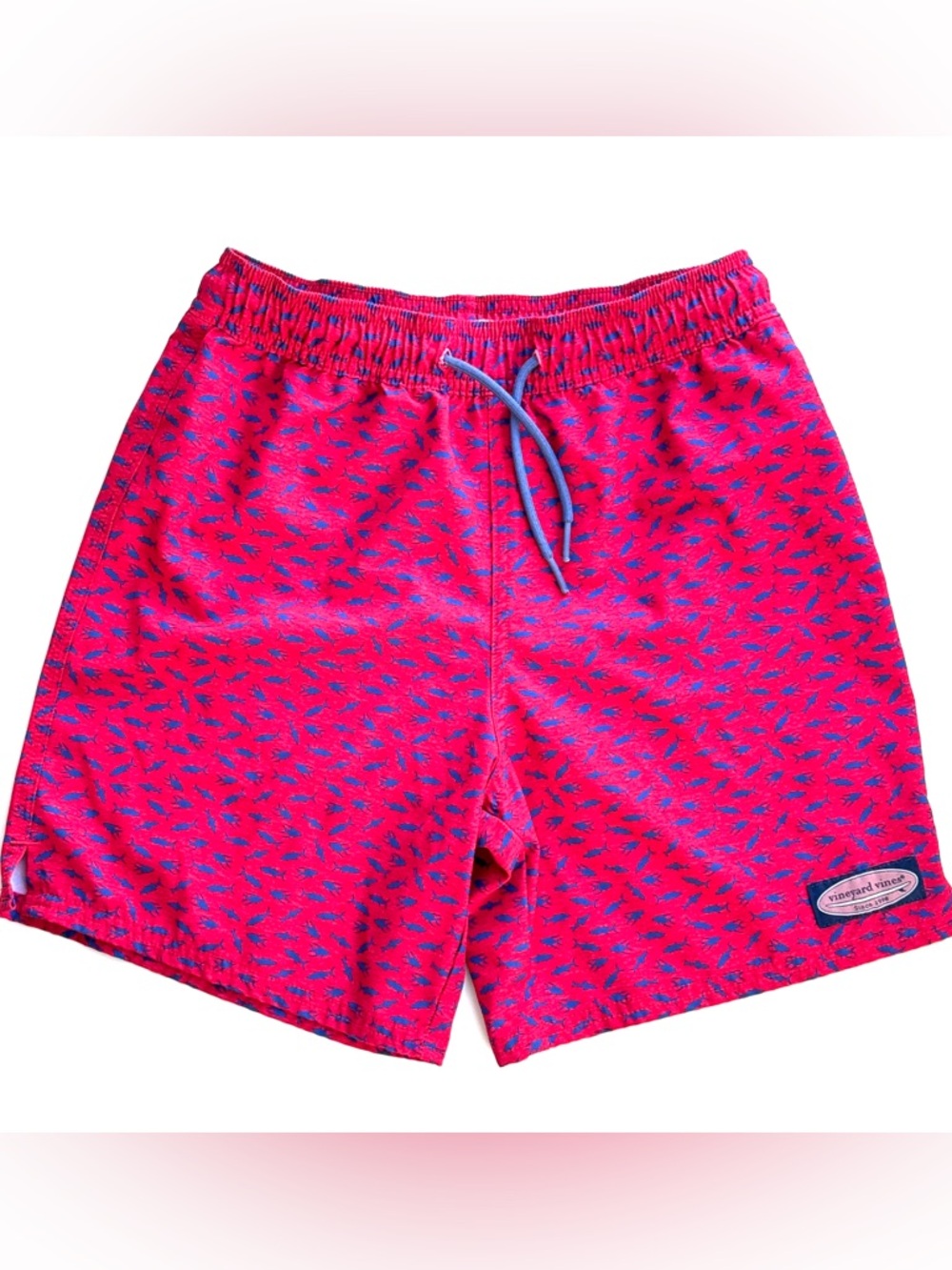 Boys Vineyard Vines Bright Red Swim Trunks with Blue Fish Print